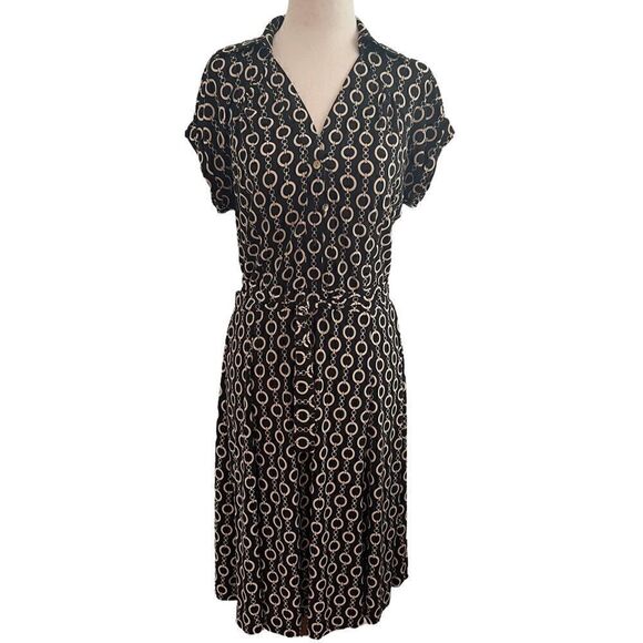 Talbots Petites Shirt Dress w/ Collar Short Sleeve Stretchy Black w/ Gold Chains - Picture 1 of 9